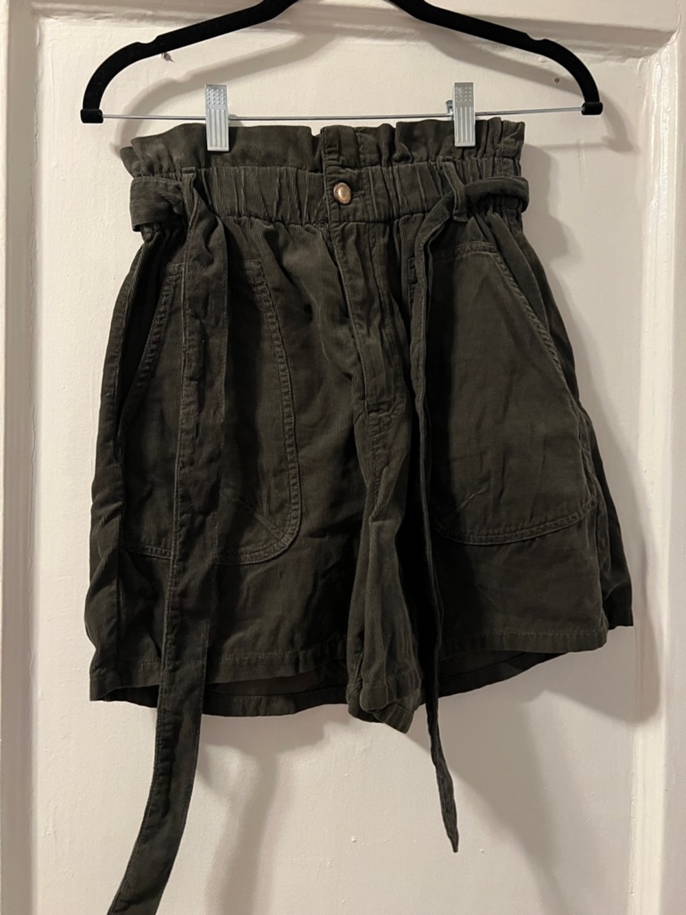 Zara Dark Olive High-Waist Paperbag Shorts with Tie